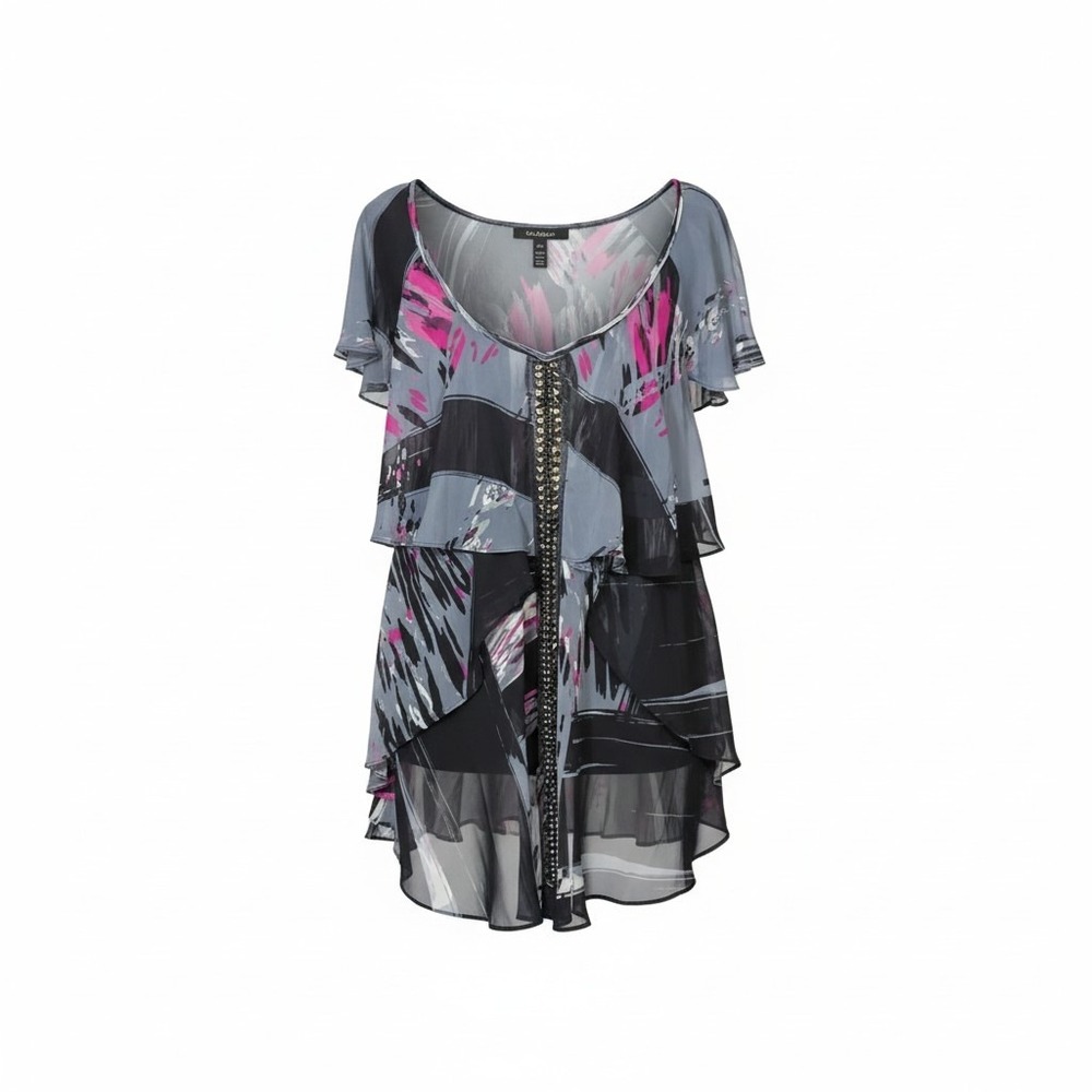 Bisou Bisou Michele Bohbot‎ Abstract Print Studded Layered Tunic Top Grey Pink L